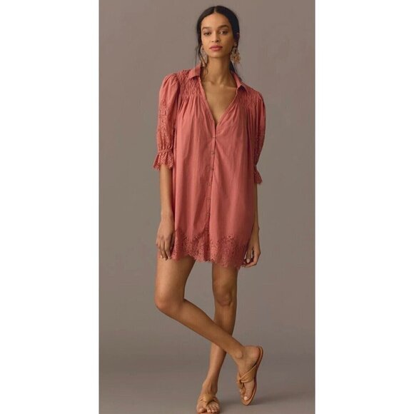 Anthropologie Dresses & Skirts - By Anthropologie SM Lace Tunic Dress Clay/ mauve earthy short sleeve Romantic